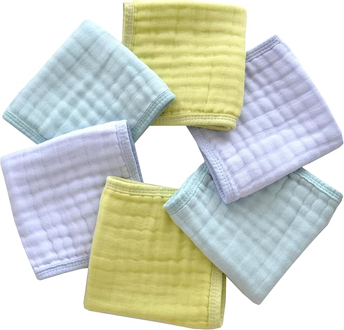 MUKIN Baby Washcloths, Soft Absorbent Cotton Burp Cloths, Burping Cloth for Newborn Sensitive Skin,12x12 inches, 6 Pack (Blue,Green,Purple)