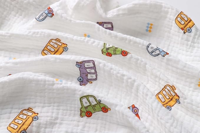 Onacosht Muslin Crib Sheets for Boys Girls, Soft Breathable 100% Cotton Baby Fitted Sheet 52" x 28" for Standard Toddler Crib Mattress, 2 Pack, Car and Solid Blue