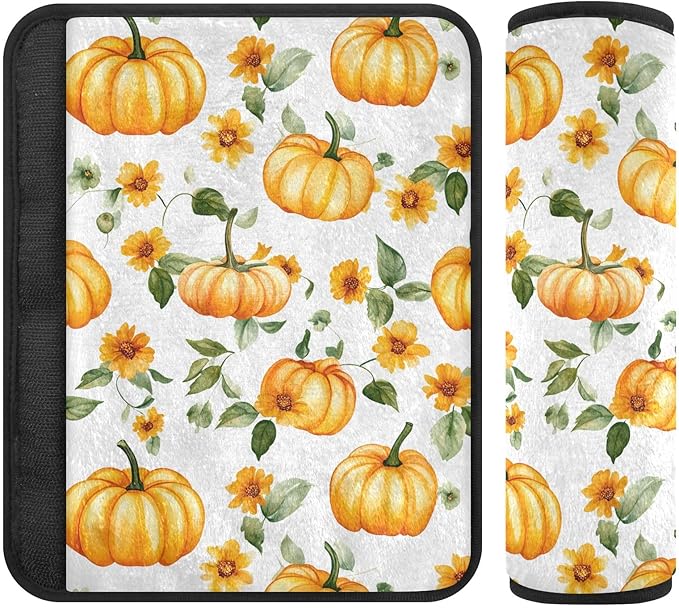 CHIFIGNO Orange Autumn Pumpkins Sunflowers Seat Belt Cover Universal Car Seat Strap Cover Pack of 2 Car Seat Shoulder Protector Protect Your Neck and Shoulder
