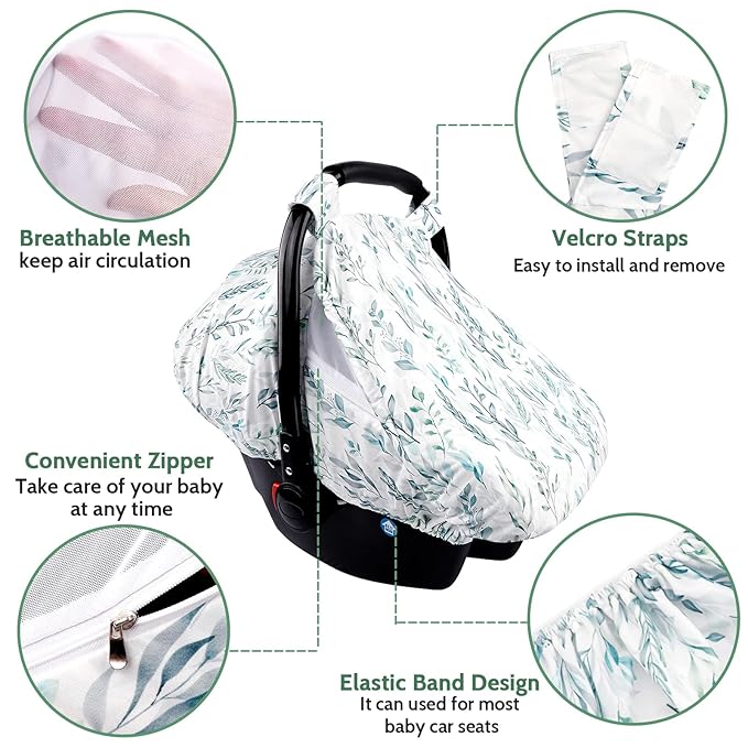 Newborn Lounger Cover, Baby Car Seat Cover, Baby Car Seat Head and Body Support, Green Leaf