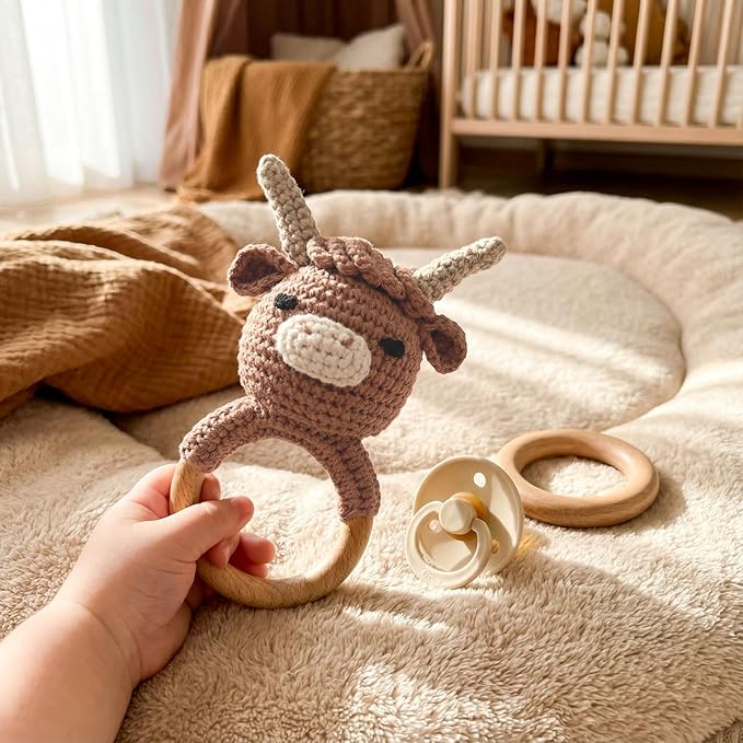 Wooden Baby Rattle for Boys and Girls, Crochet Stuffed Animal for Newborn, 3 4 5 6 Month Toys, Highland Cow