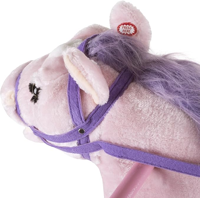 Spring Rocking Horse - Plush Bouncy Ride-On Toy with Fun Sounds, Wood Handles, and Adjustable Stirrups for Kids Ages 3 to 6 by Happy Trails (Pink)