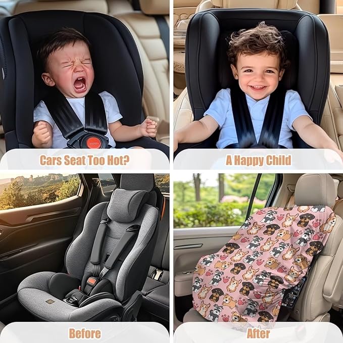 Car Seat Sun Shade Cover Dog Print Car Seat Cover Baby Carseat Covers Universal Baby Travel Accessories Keeps Baby's Carseat at Cooler Temperature, Blocks Out Heat & Sun UV Covers