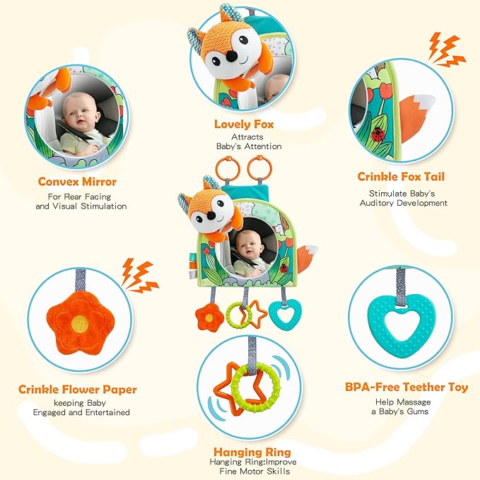 Lynncare Car Seat Toy, Baby Car Mirror Toy for Rear Facing, Travel Baby Activity Center with Hanging Engaging Toys for Infants Babies 0-6-12-18 Months Boy Girl