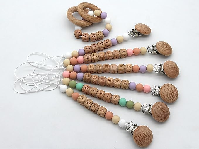 Personalized Pacifier Clip with Name,Silicone Pacifier Clips with Beads for Baby Boys and Girls - Rust-Free Holders Newborn Safe Baby Essentials
