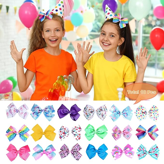 18 Pcs 5 Inch Hair Bows for Girls,Colorful Rainbow Heart Girls Hair Bows Grosgrain Ribbon Hair Bow With Alligator Clips for Toddlers Little Girl Children Kids Teens