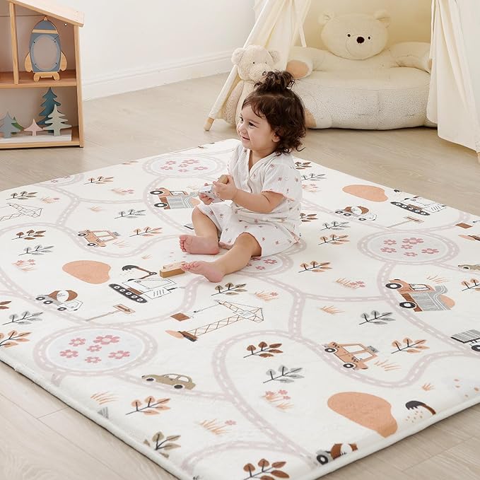 1.3" Thick Educational Baby Floor Play Mat 50x 50, Basic Padded Memory Foam Mat, Non-Slip Plush Playmat for Nursery Playroom Classroom (Car)
