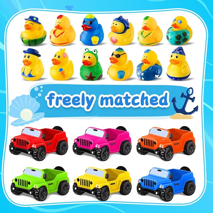 24 Pcs Summer Rubber Ducks for Jeeps, Summer Beach Rubber Ducks, 3.5 Inch Ducks for Jeeps ,2 Inch Ducks for Ducking, 12 Summer Ducks with 12 Cars, Summer Party Favors Gifts Swimming Pool Water Toys