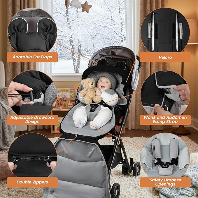 Bemece Warm Bunting Bag, Universal Winter Stroller Cover with Zip, Windproof Stroller footmuff for Baby Buggies Pushchair, Machine Washable