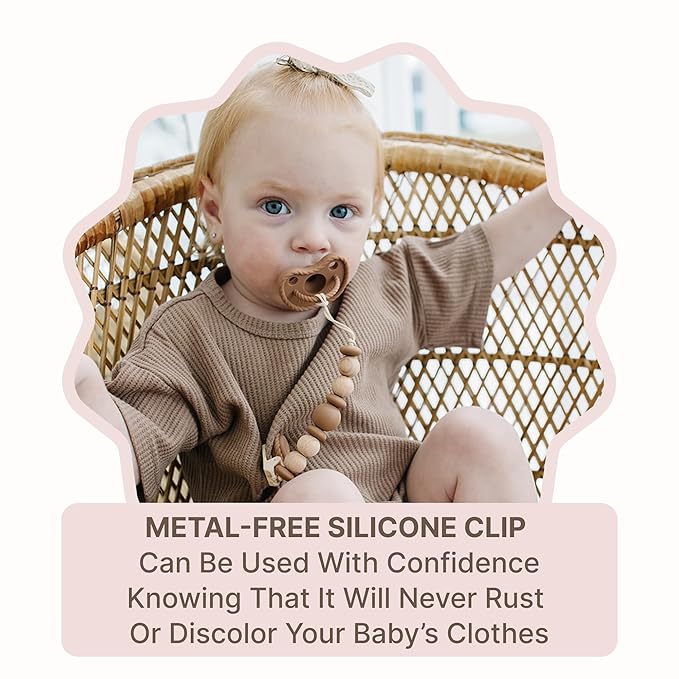 Silicone Pacifier Clip – Metal-Free, Rust-Free, 100% Food-Grade Silicone and Natural Beech Wood, Secure Pacifier Holder for Babies – Hazel - Mila & Lulu