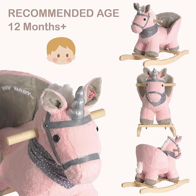 Baby Animal Rocker, Rocking Horse with Seat, Ride on Horse, Plush Rocking Horse with Unicorn Music, Wooden Rocking Horse for Toddlers 1-3, (Pink Unicorn), CPC Certified