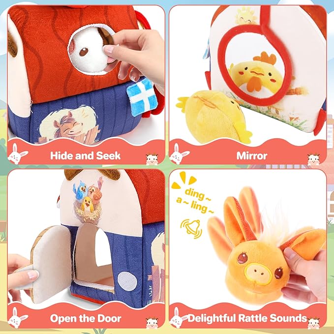 deAO Baby Toys Soft Barn Toy Plush Farm Animal Playset with Rattle, Crinkle Paper Mirror for Babies Sensory Toy for Newborn Infant Boy Girl Age 18+ Months Birthday Gifts