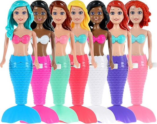 dollbie 7-Pack Wind-Up Mermaid Bath Toys for Kids -Toddler Bath Toys for Kids Moving Tail Priness Doll Diverse Hair Colors & Styles Mermaids, Swimming Pool Party Favors