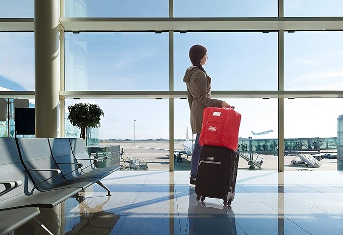 KiddiGo Booster Seat Travel Bag for Airplane, Red, 17" H x 16.5" W x 9.5" D, Fits Most Backless Booster Seats, Easy to Carry with Luggage Handle, Durable Zippers & Front Small Pocket