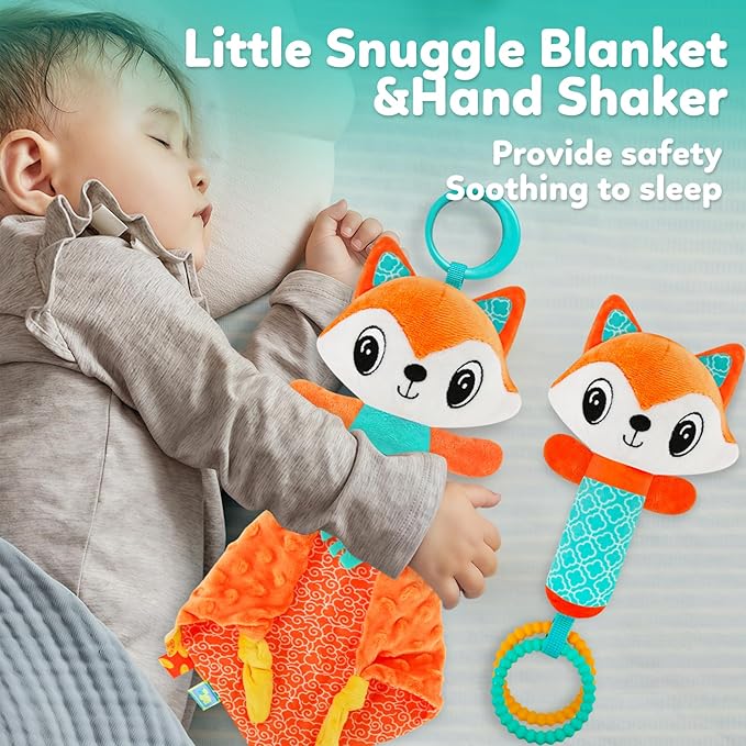 Baby Lovey Fox Stuffed Animal for Baby Boys and Girls, Security Blanket and Hand Shaker Set Newborn Stuffed Hanging Animal Plush Snuggle Toy Baby Showers Thank You Gifts