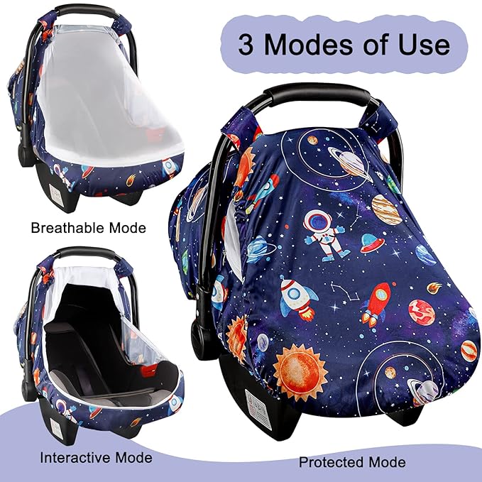 SWESEN Car Seat Covers for Babies, Carseat Cover Boy with Zipper, Cozy Sun & Summer Cover, Infant Car Seat Canopy, Carseat Privacy Cover with 2 Layers, Space Planet