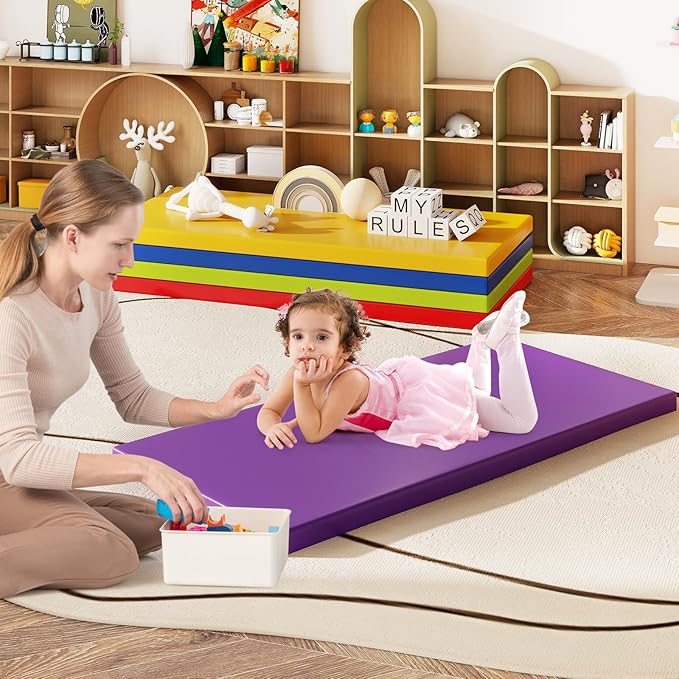 HONEY JOY Thick Daycare Rest Mats, 2-Inch Portable Toddler Floor Mat w/Name Tag Holders for Kids, Non-Folding Foam Napping Mat for Daycare Preschool Travel(5 Pack, Assorted)