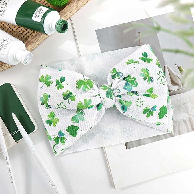 7” Large St Patricks Day Baby Bows Green Shamrock Clover Headbands for Girl Infant White Leaves Tied Bows Hairband St Patricks Hair Accessories Gift