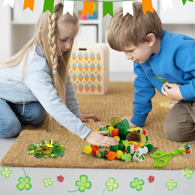 248 Pcs St. Patricks Day Sensory Bin Filler Fine Motor Toys Green Sensory Bin Items 120 Pompoms 80 Lucky Shamrocks Foam 30 Lucky Coins 6 Rings St. Patrick's Decor for Counting Sorting