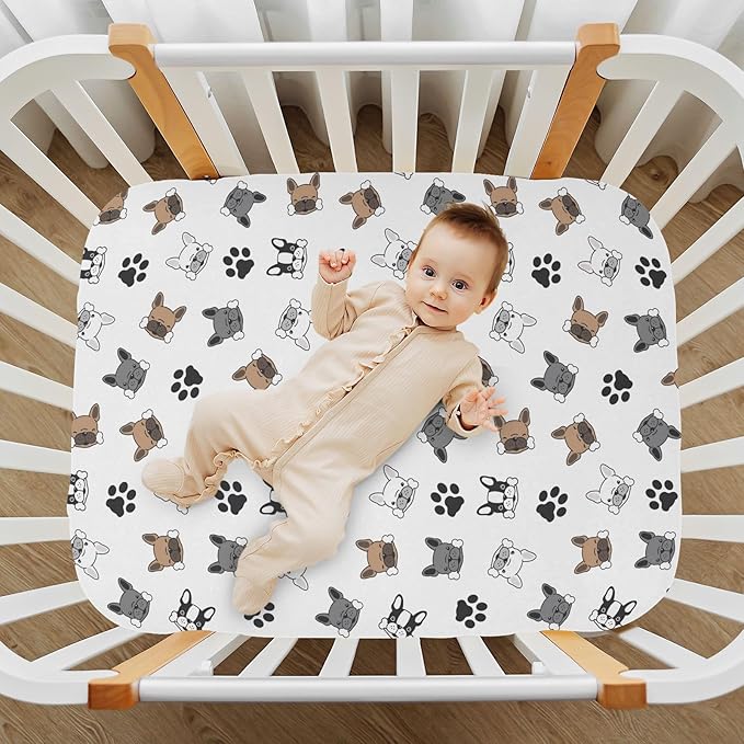 Fitted Crib Sheets Dog French Bulldog Pug Dog Paw Stretchy Portable Playard Sheets for Baby Toddler, Breathable Soft Mini Crib Mattress 39 x 27 in for Boys and Girls