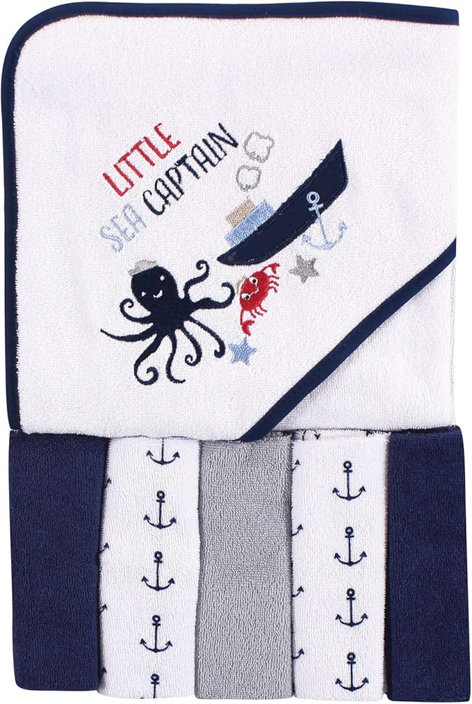 Luvable Friends Unisex Baby Hooded Towel with Five Washcloths, Sea Captain, One Size