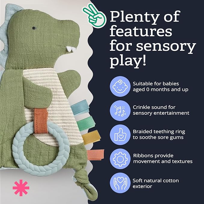 Itzy Ritzy - Bitzy Crinkle Sensory Toy Dinosaur with Crinkle Sound for Babies & Toddlers - Features Soft Braided Teething Ring & Textured Ribbons, Designed for Ages 0 Months and Up, Dinosaur
