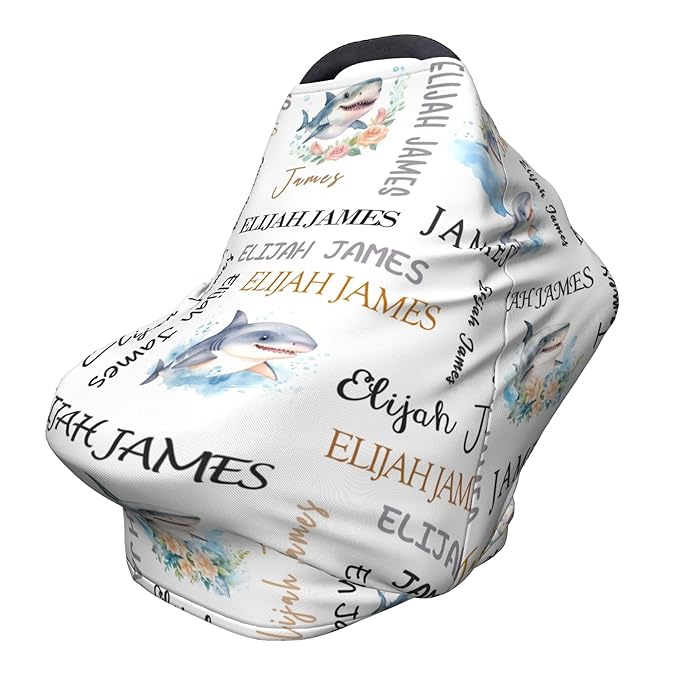Personalized Baby Car Seat Cover with Name Stroller Canopy Custom Shark Carseat Cover Newborn Baby Boy Girl Nursing Cover for Moms First Birthday Gift