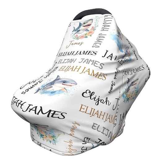 Personalized Baby Car Seat Cover with Name Stroller Canopy Custom Shark Carseat Cover Newborn Baby Boy Girl Nursing Cover for Moms First Birthday Gift