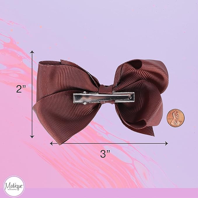 3 Inch Grosgrain Bow for Little Girls- Set of 2 (Brown)