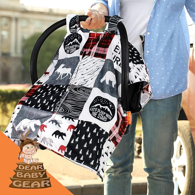 Dear Baby Gear Car Seat Blanket - Infant Carseat Canopy & Winter Covers - Cozy Baby Car Seat Cover for Girls & Boys - Doubles as Stroller Cover - Northwood Moose & Arrows - Faux Quilt - 38" x 27"
