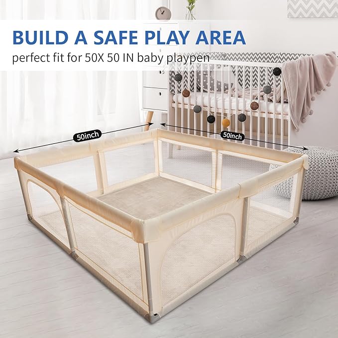 Huloo Sleep Baby Play Mat for Floor,1.3" Thick Elasti-Foam 50x50 Playpen Mat for Toddlers Infant Kids,Water-Repellent Soft Coral Velvet Tummy Time Mat,Non Slip Crawling Mat,Tatami Mat(Beige)