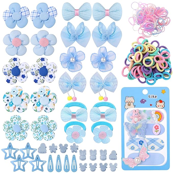 400 Pcs Baby Girls Hair Accessories Set,Baby Girls Hair Ties,Flower Bows Rubber Bands,Hair-friendly Hair Clip,Soft Elastic Hair Bands,Claw Clip(Blue)
