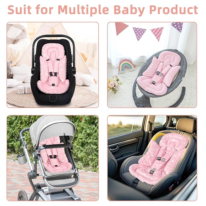 Car Seat Head Support Baby, Soft Infant CarSeat Insert with Strap Covers for Girls, Newborn Insert for carseat, Strollers, Swings, Bouncer, Pink