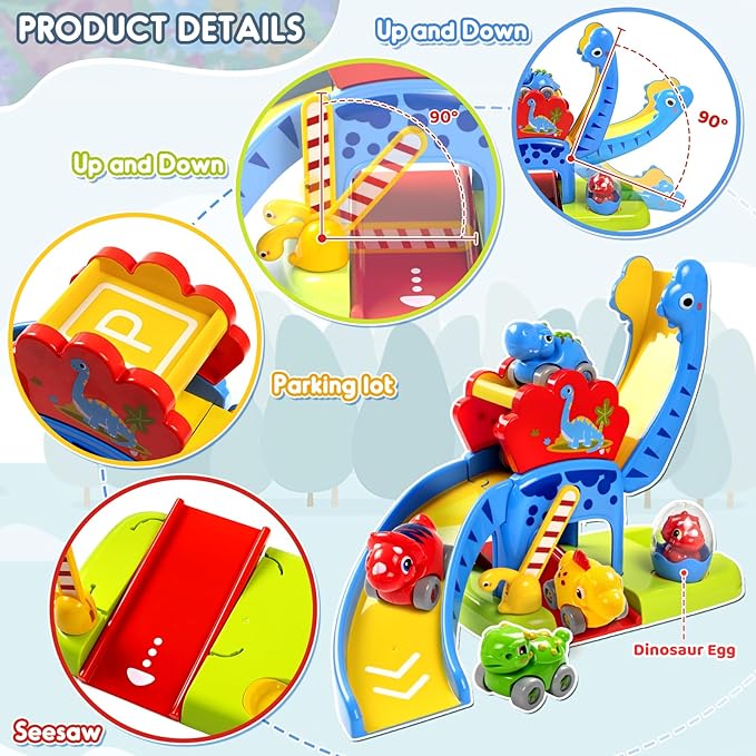 Marstone Toddler Toys 1 2 Year Old Boy Gifts: Dinosaur Slide with 4 Animal Cars Educational Baby Toys 12-18 Months, First 1st Birthday Gifts for Kids, Girls, Push Car Race Track for Toddlers 1-3