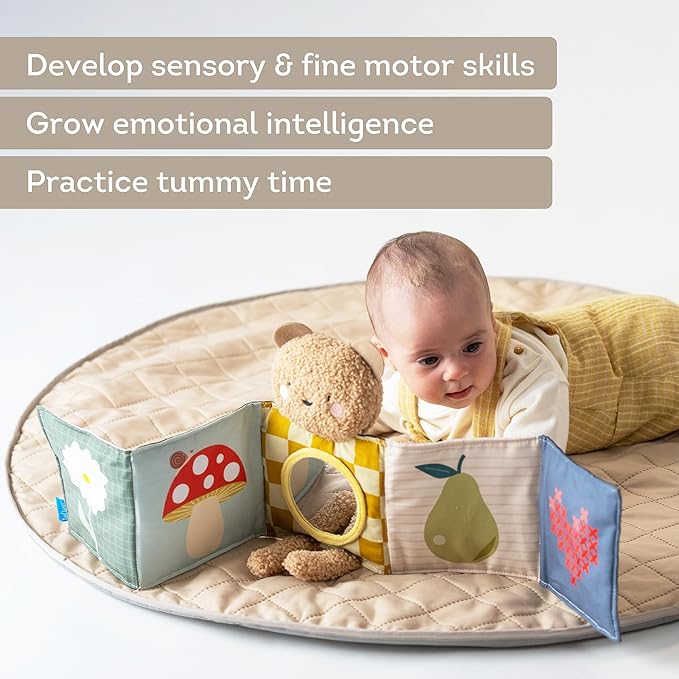 Taf Toys Black & White Sensory Newborn Book, High Contrast Side for Infant Brain Development, Vibrant Colors & Baby Mirror, Plush Bear for Tummy Time Books 0-6 Months - Baby Gifts for Boys Girls