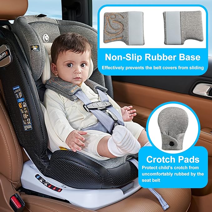 Innokids Car Seat Strap Cover Set for Baby Kids Seat Belt Covers with Crotch Pad Back Anti-Slip Design for Car Seats Pushchair Stroller (Small (4.9”L), Gray)