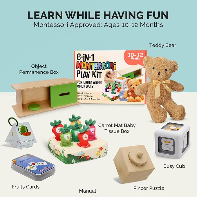 Montessori Baby Toys 10-12 Months, Montessori Toys for 1 Year Old, Baby Sensory Toys for 10-12 Month Infants - A Sliding Box, Puzzle, Switchboard, Pulling Carrots, Doll, Fruit Flash Cards
