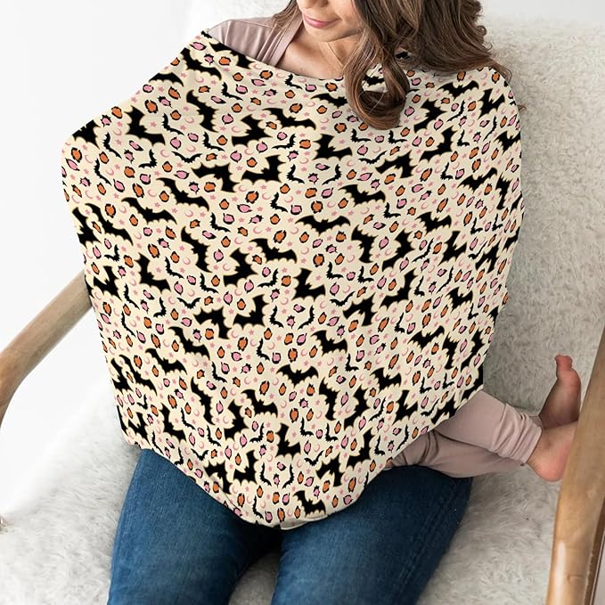 Halloween Bats Leopard Baby Car Seat Covers Pink Orange Spooky Bats Moon Stars Stretchy 5-in-1 Cover Adjustable Infant Carseat Canopy Cover Halloween Night Breathable Nursing Cover-Up