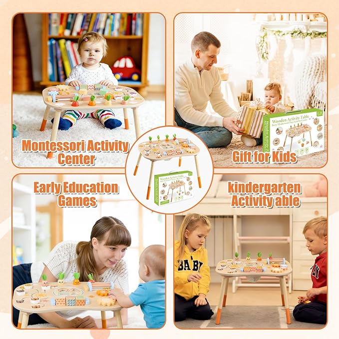 Wooden Activity Table for 1 Year Old Toddlers Sensory Table Activity Center 1-3 2 Baby Activity Table Kids Gift Game Wooden Montessori Table Shape Sorter Sensory Toys (Length*Height: 17"*11.8")