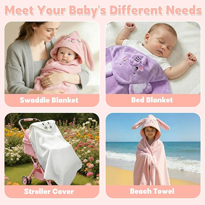 CandyHome 9 PCS Baby Bath Towels for Infants Toddlers, 3 PCS Animal Hooded Baby Towels & 6 PCS Washcloths Set, Ultra Absorbent Soft Cute Newborn Bath Essentials Gifts for Boys & Girls