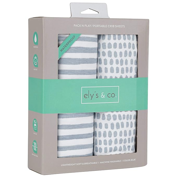 Ely’s & Co. Waterproof Pack and Play/Mini Crib Sheets – All-in-One Mattress Protector and Fitted Playard Sheets – Jersey Cotton – Blue Splash & Stripes, Baby Boy Nursery Bedding Essential – 2-Pack