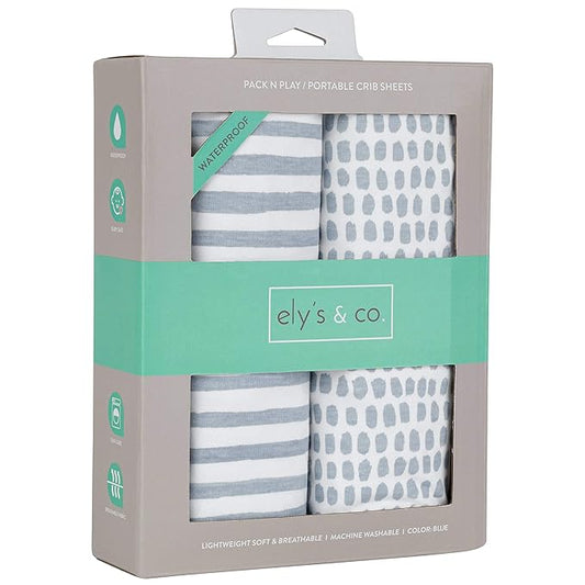Ely’s & Co. Waterproof Pack and Play/Mini Crib Sheets – All-in-One Mattress Protector and Fitted Playard Sheets – Jersey Cotton – Blue Splash & Stripes, Baby Boy Nursery Bedding Essential – 2-Pack