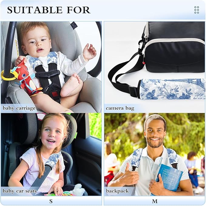 2 Pack Seatbelt Covers Seat Belt Cover Pad for Adults Boys Girls Car Seat Strap Covers Pads Cushion Universal Shoulder Strap Pad Protector for Backpack Camera Bag 10x7.7Inch Blue Roses and Eiffel Towe