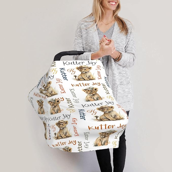 Personalized Lion Baby Car Seat Cover with Name,Multi-Use Canopy for Nursing, Strollers,Shopping Carts,Customized Breastfeeding Cover, Full Privacy,Infant Stroller Cover