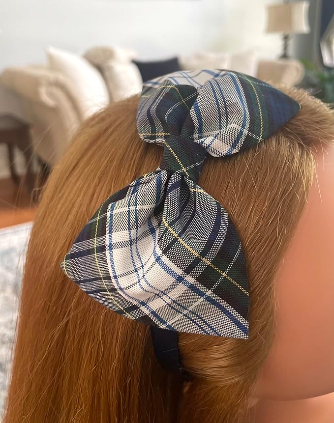 ClassExceed School Headband, Plaid bow headband, back to school, available in variety of school plaids (Plaid 80 White Green yellow, Regular)