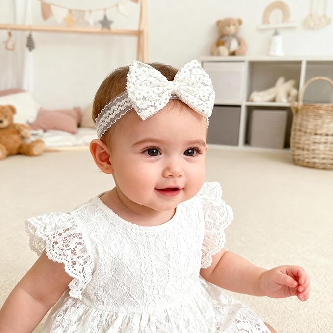 Baby Girls Bow Lace Headband Cute Soft Hairband White Butterfly Knot Headbands for Newborn Infants Toddlers Kids Christening Baptism Birthday Party Hair Accessories（White flower bow）