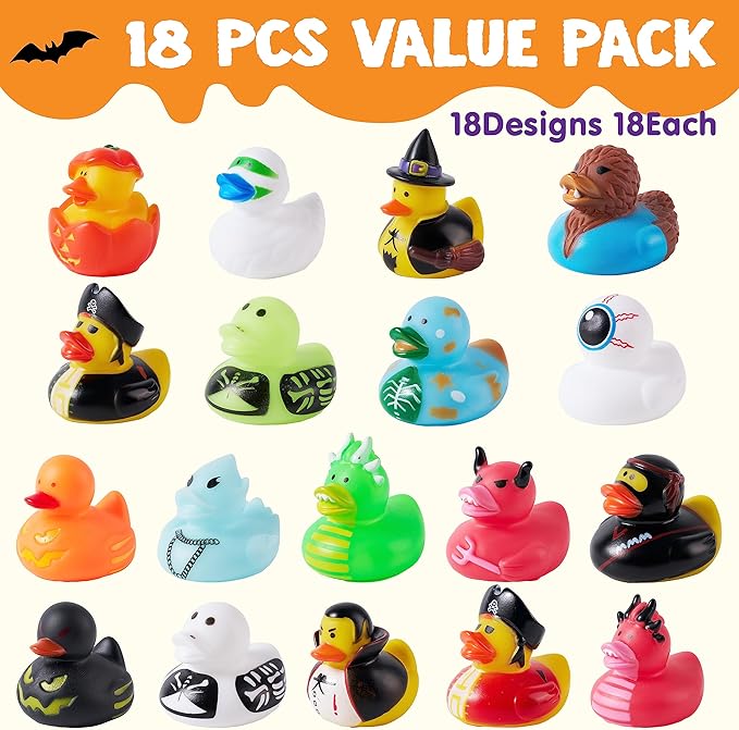 JOYIN 18 PCS Halloween Rubber Ducks, Halloween Ducks for Halloween Party Favors Decorations, Rubber Duckies Baby Bath Toys for Goodie Bag Fillers School Classroom Carnival Game Prizes