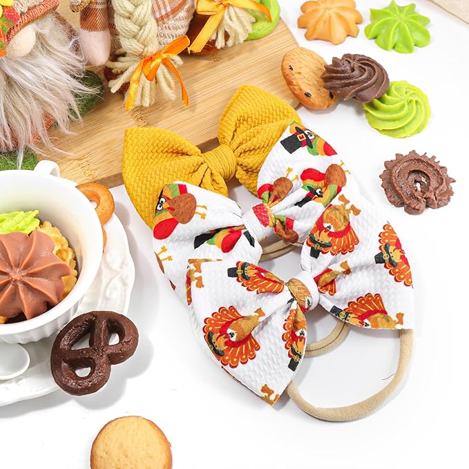 YanJie Thanksgiving Baby Headbands Turkey Printed Hair Bows for Girls Baby Hairbands Toddler Accessories Gift for Girls Infants Child Turmeric Bows