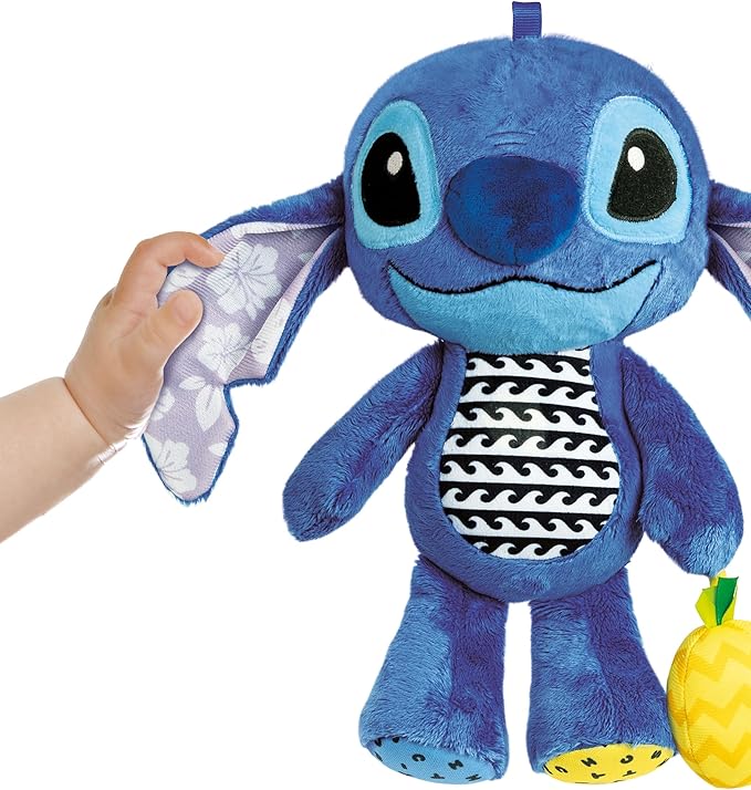 Clementoni Disney Stitch First Activity Plush, Interactive Hanging Toy with Sound Effects and Various Materials, Washable, Promotes Sensory Skills, from 3 Months