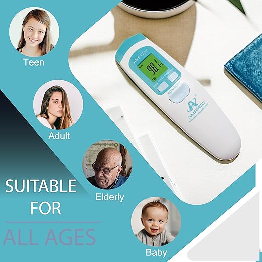 Amplim Non-Contact Forehead Thermometer & Case for Adults, Kids, Baby, FDA Cleared, Medical Grade, Touchless Infrared, 1-Sec Reading, Fever Alarm, Memory Recall, Quiet Mode, White